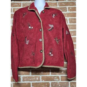 Christoher Banks Womens L Burgundy Embroidered Vtg Jacket  Christmas Sweater‎